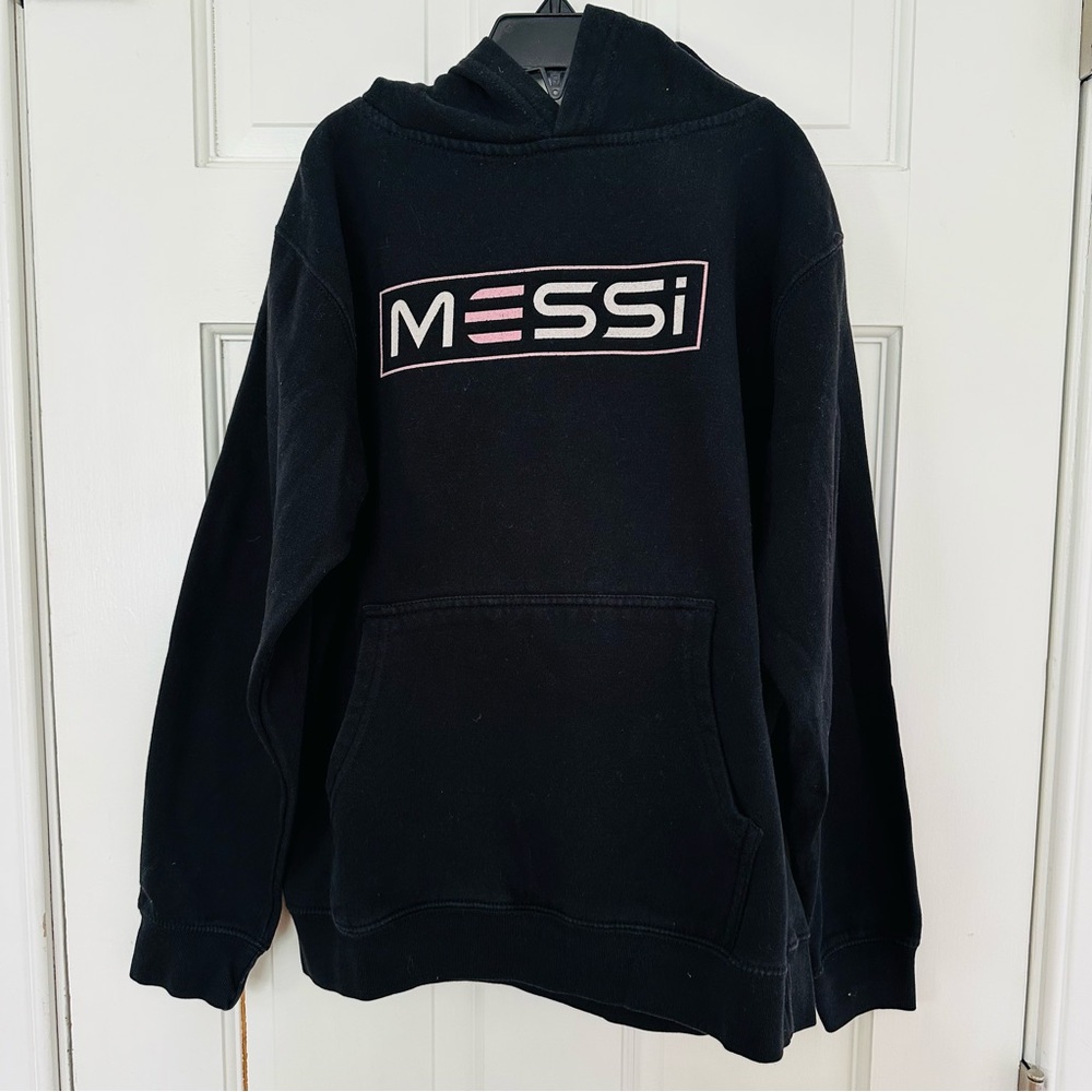 Kids Messi Black Hoodie with Pink Logo Accents